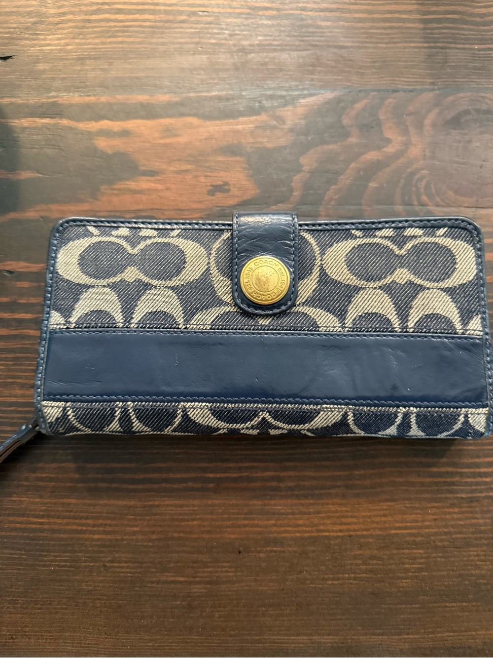 Coach Navy and Denim Signature Canvas Zip Card Wallet Y2K
